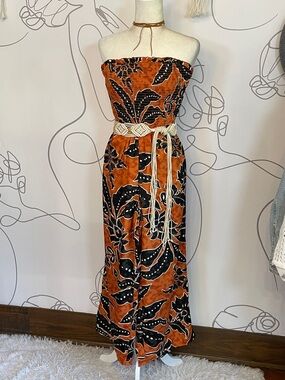 Boho Wide-Leg Floral Strapless Maxi Jumpsuit size S